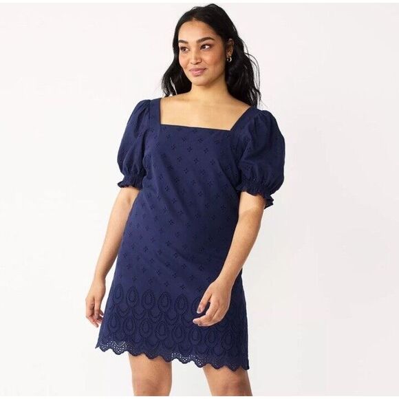 Draper James Dresses & Skirts - Draper James Puff Sleeve Eyelet Dress Size S‎ Navy Blue